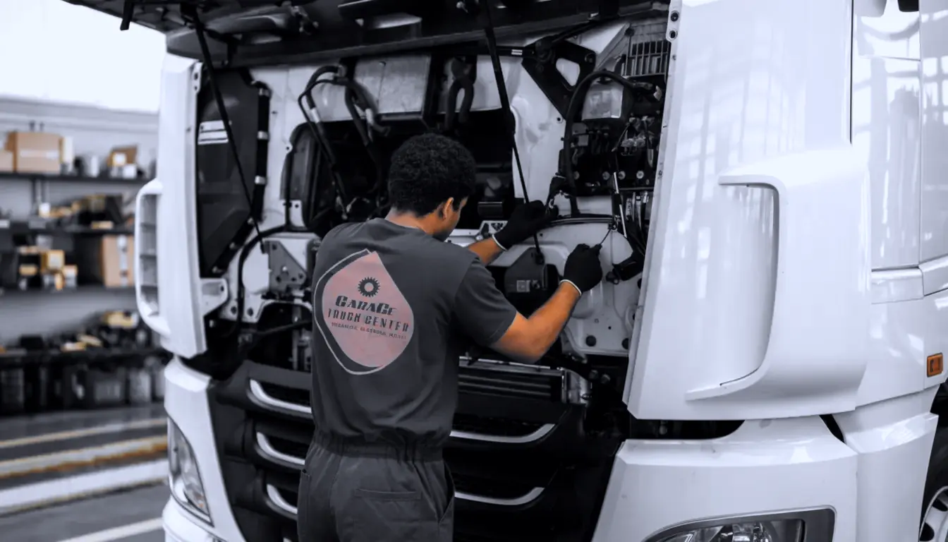 Mecânico da Garage Truck Center trabalhando na frente de um caminhão